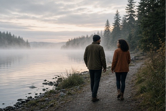 Two people walking beside a misty Pacific Northwest lake at dawn