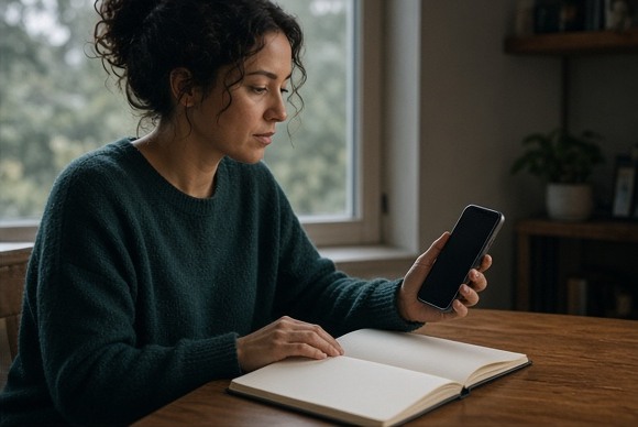 A person holding a phone with an intentionally blank screen beside an open blank journal