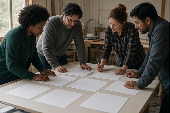 A group arranging blank photographic frames around a table