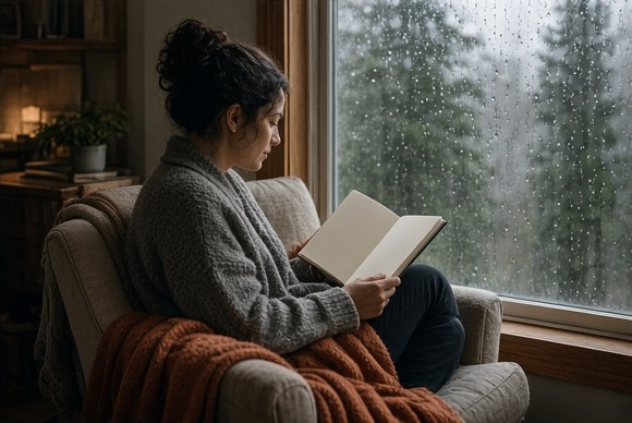 A person reading a blank field notebook beside a rain-streaked window