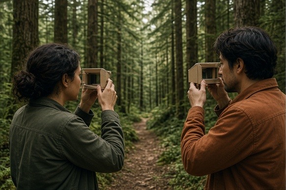 Two people using simple cardboard viewfinders on a forest trail