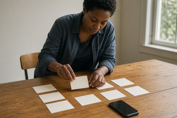 A researcher arranging blank cards beside an offline phone