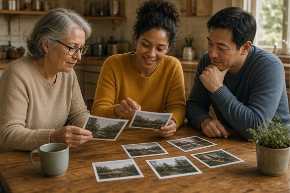Three family members comparing unlabeled photographs at a kitchen table