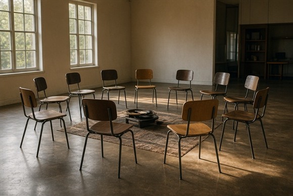An empty community room with chairs arranged in a reflective circle