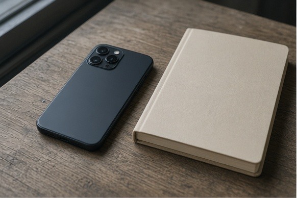 A phone resting face-down beside a closed blank notebook