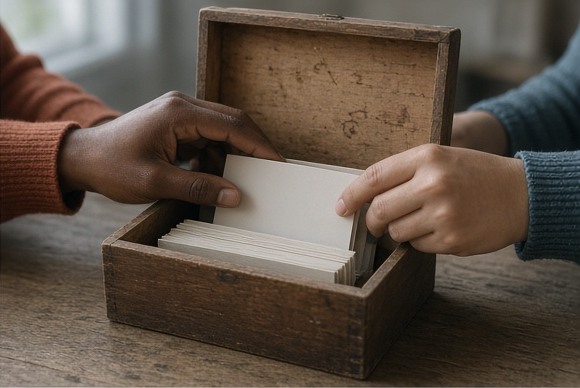 Hands placing blank cards into a wooden archive box