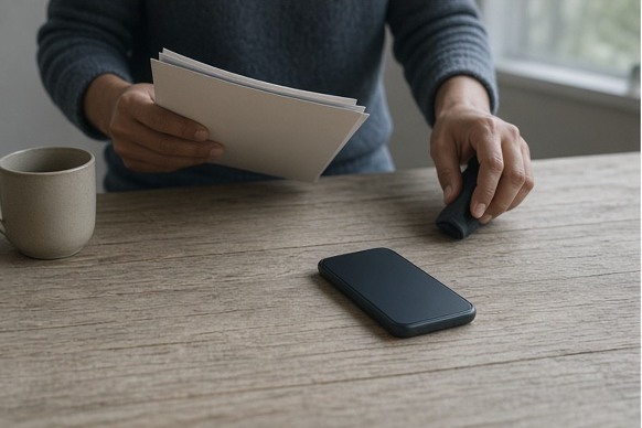 A person clearing a table until only an offline phone remains