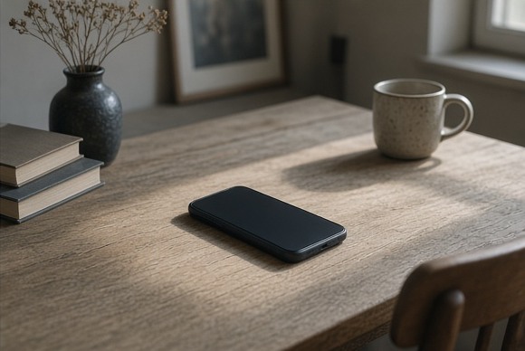 A blank-screen phone disconnected from cables on a quiet desk