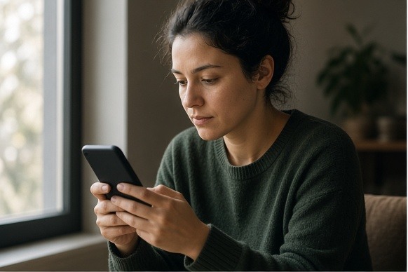 A person using a phone quietly beside a window
