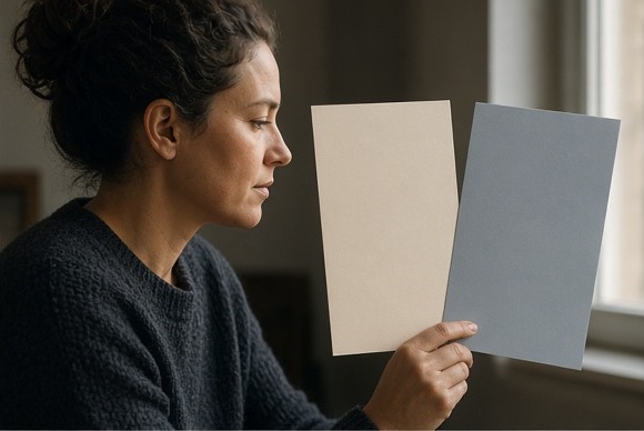 A person comparing two large blank cards in natural high-contrast light