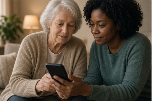 An older adult and caregiver reviewing an intentionally blank phone screen together