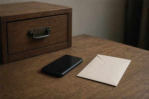 A face-down phone beside a locked wooden drawer and a sealed blank envelope